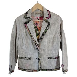 VTG Gray Tweed Single Breasted Blazer Sz 12 Silk Blend Colorful Trim Corporate